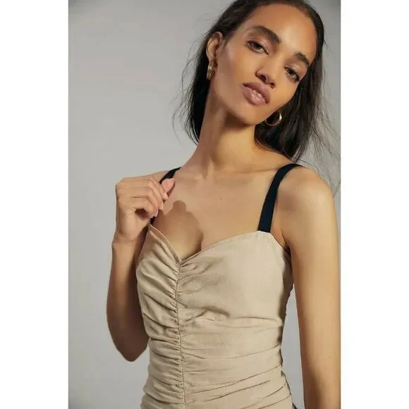 NWT ANTHROPOLOGIE Sz 8 ATSU SUMMER RUCHED MIDI DRESS COTTON LINEN - Picture 2 of 3